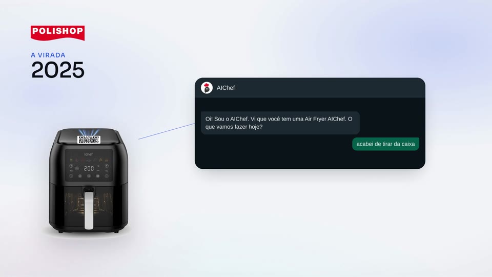 Cena do filme da Polishop: o QR code de uma air fryer iChef conectado à conversa com o A.IChef.